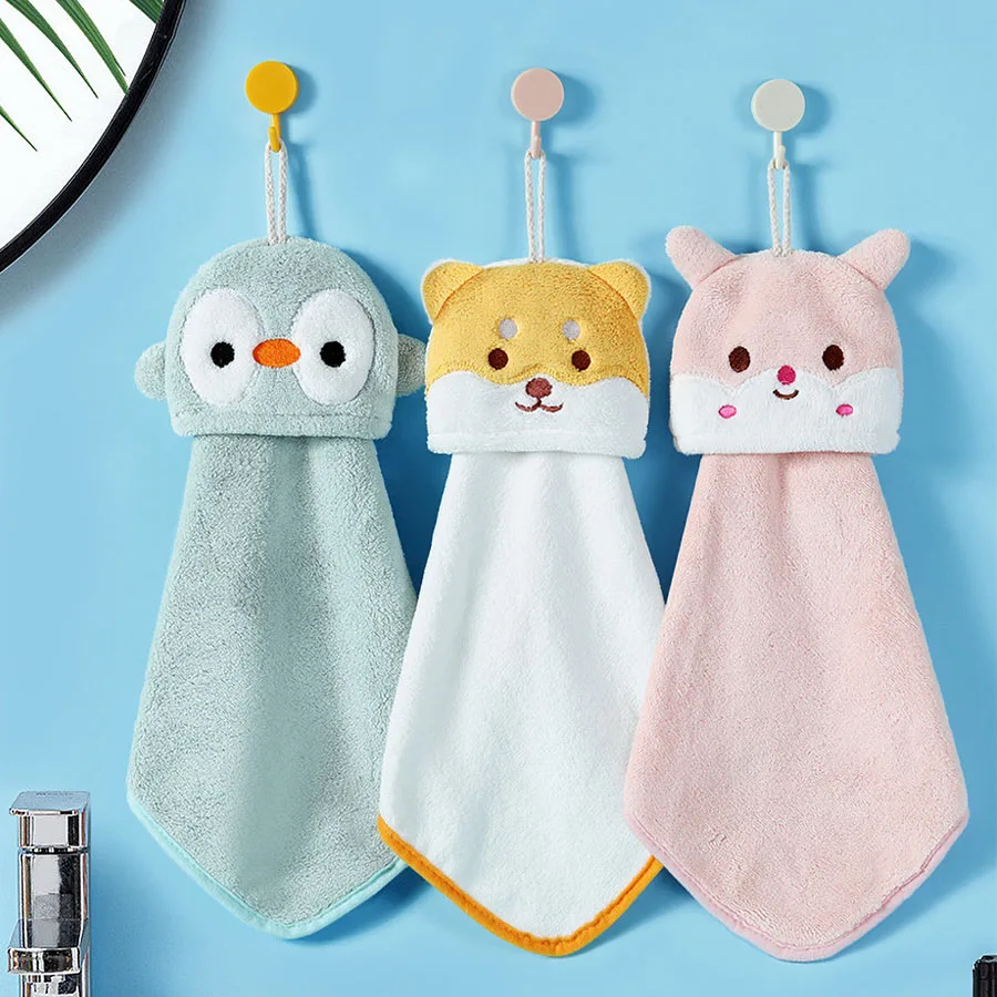 Coral Fleece Kitchen Bathroom Toilet Kid Hand Towels Hanging Type Super Water Absorption Quick Drying Cartoon Animal Hand Towel