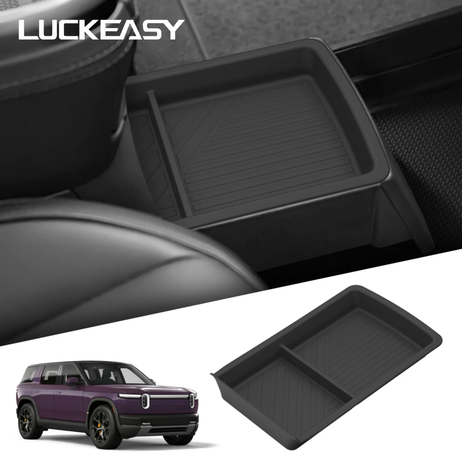 LUCKEASY for Rivian R2 2026+ Center Console Hidden Lower Drawer Insert Storage Box Tray TPE Organizer Car Accessories BLACK