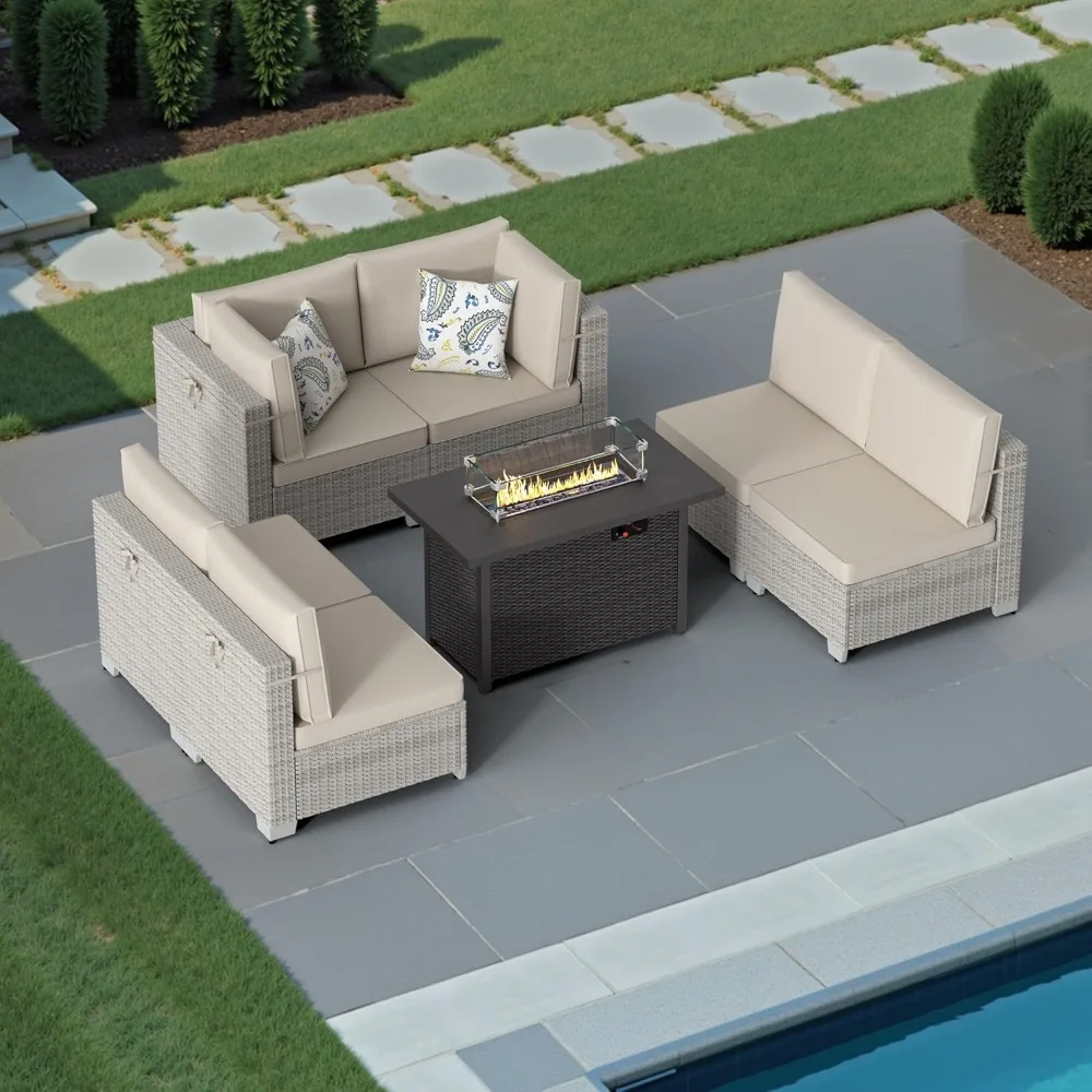 

Patio Furniture Set 7 Pieces Modular Outdoor Sectional Wicker Conversation Sets Patio Couch All Weather Seating Sofas