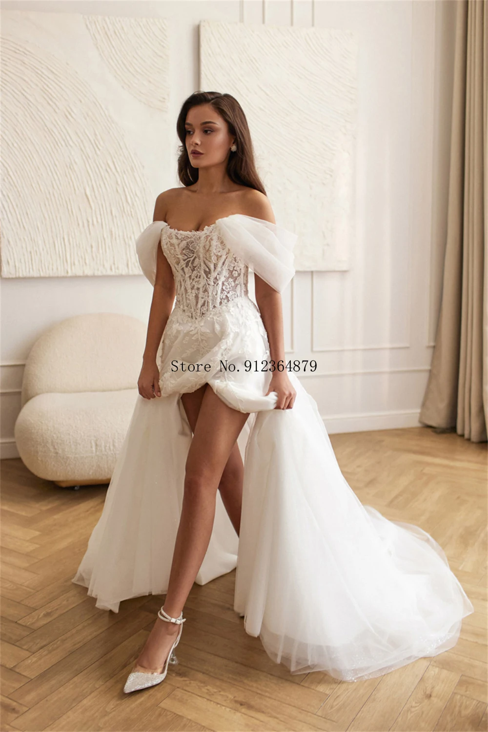 Robe de mariée personnalisée en dentelle, épaules dénudées, manches bouffantes, fente haute, Style romantique élégant
