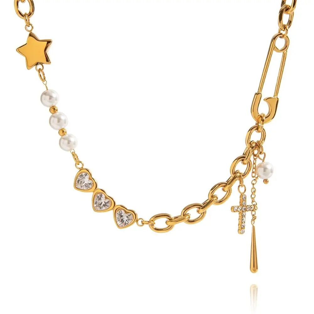 

18K Gold Color Plated Patchwork Chain Necklace Glossy Finish Minimalist Design Paperclip Necklace Heart Shaped Zircon Rhinestone