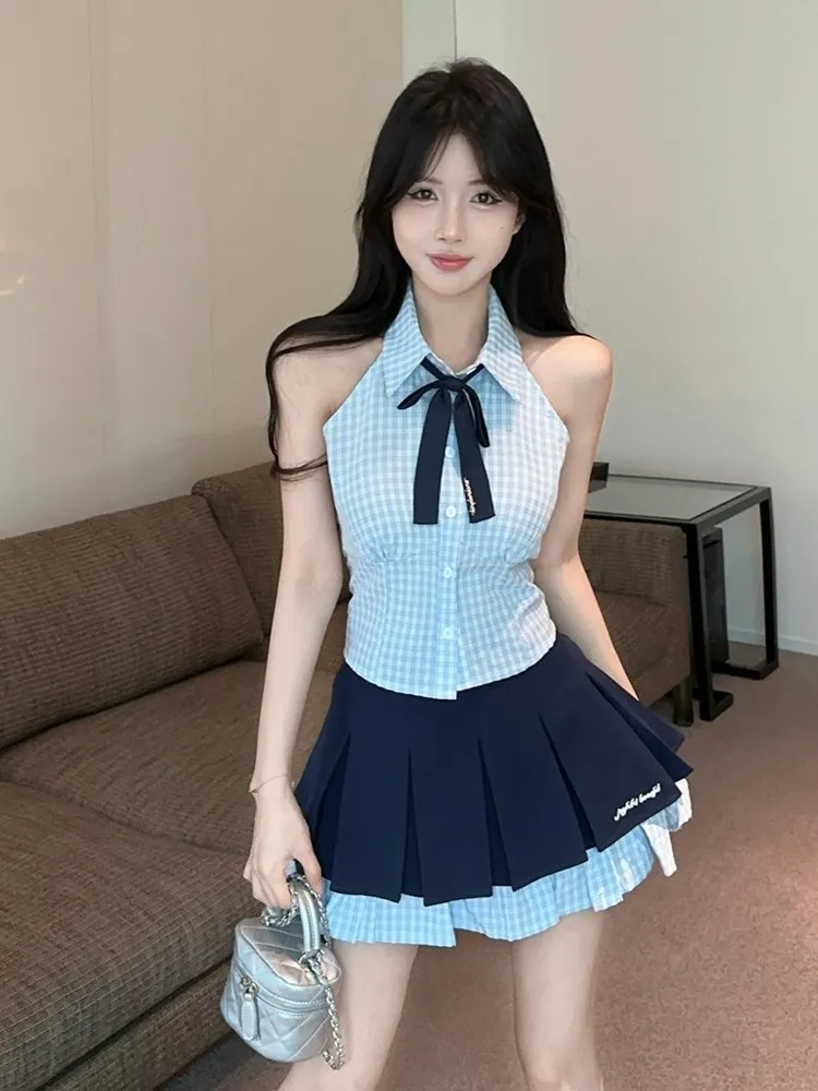 High Waist Plaid Shirt And  Skirt Set Women's Summer Fashion Outfit Short Sleeve  Collar Hanging Neck Jk Uniform Scho...