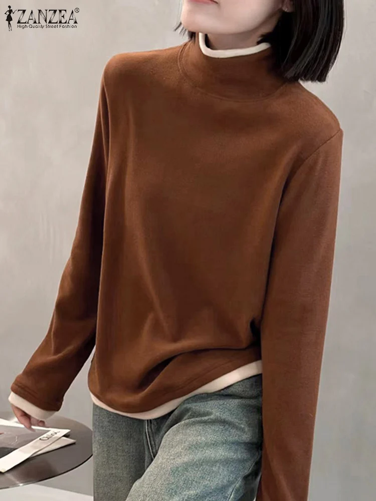 

Vintage Turtleneck Patchwork Tees ZANZEA Women Long Sleeve Tops 2024 Autumn Knitted Basic Tunics Casual Loose Pullover Sweater