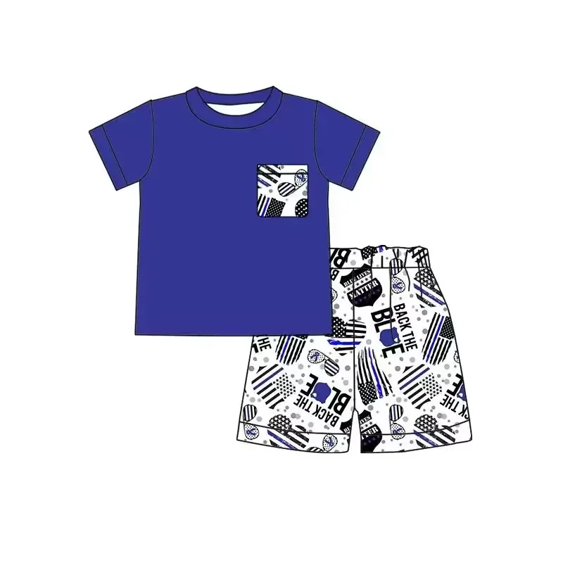 Independence Day Summer Boutique Boys July 4 Printed Blue Short-Sleeved Top Shorts Two-piece Set