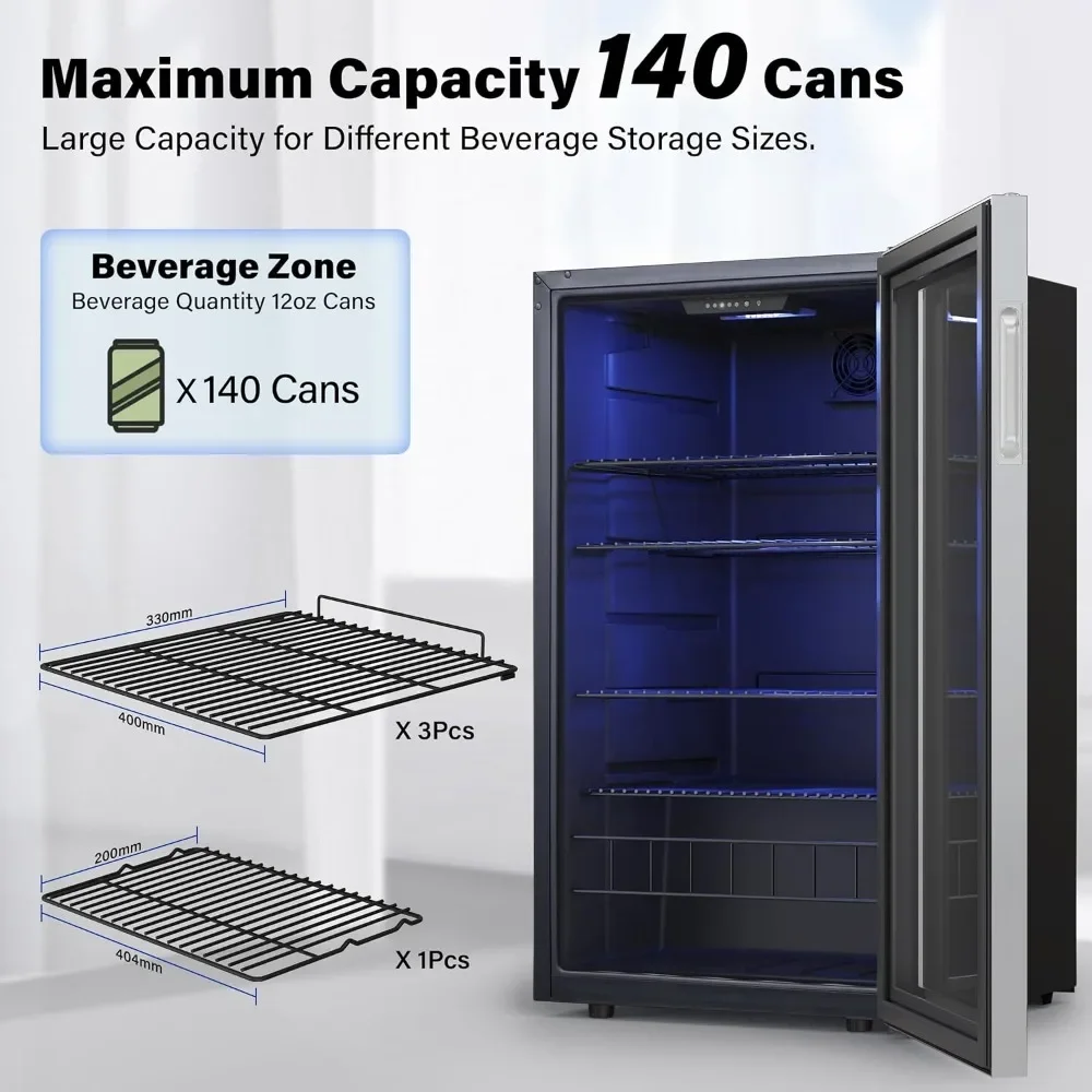 Wine Refrigerators, 140 Can Mini Fridge Freestanding Cooler with Glass Door, 3.35 Cu.Ft Beverage Fridge