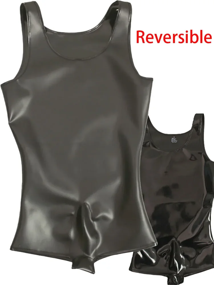Sexy Men Double Sided Bodysuit PU Leather Tank Top Vest Catsuit Faux Latex Wet Look  Convex Pouch Bodysuit Tights Shaper Leotrad