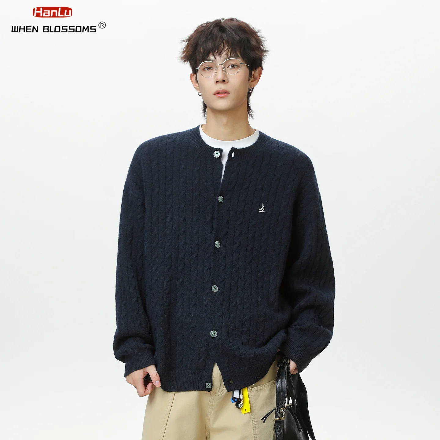 Hanlu 2025 الرجال كابل سترة متماسكة لينة محكم سترة المتضخم خمر الشارع الشهير دافئ الخريف بلوفر شتوي #2