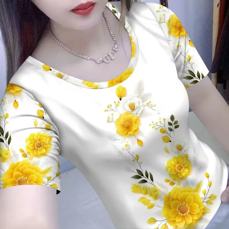 Summer New Style Women's Short Sleeve T-shirt Printed High-end Label Removed Belly Covering Fashionable Casual Fit Polyester ...
