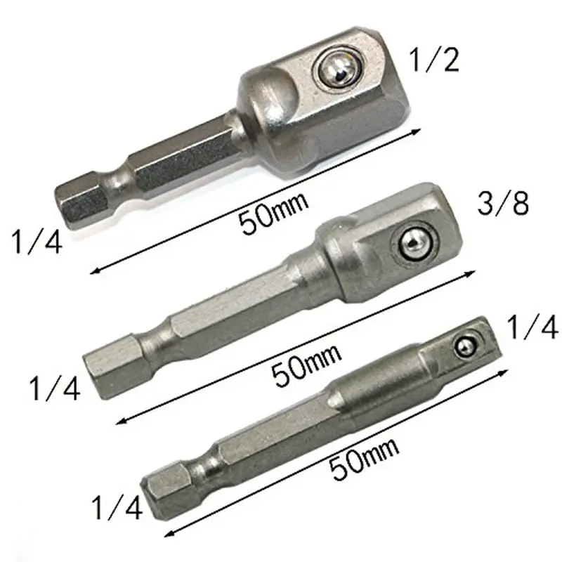 3 piezas de taladro adaptador de enchufe de taladro de impacto de taladro de extensión de broca de barra adaptador 1/4 3/8 1/2 tamaño hexagonal mango de cabeza cuadrada de broca