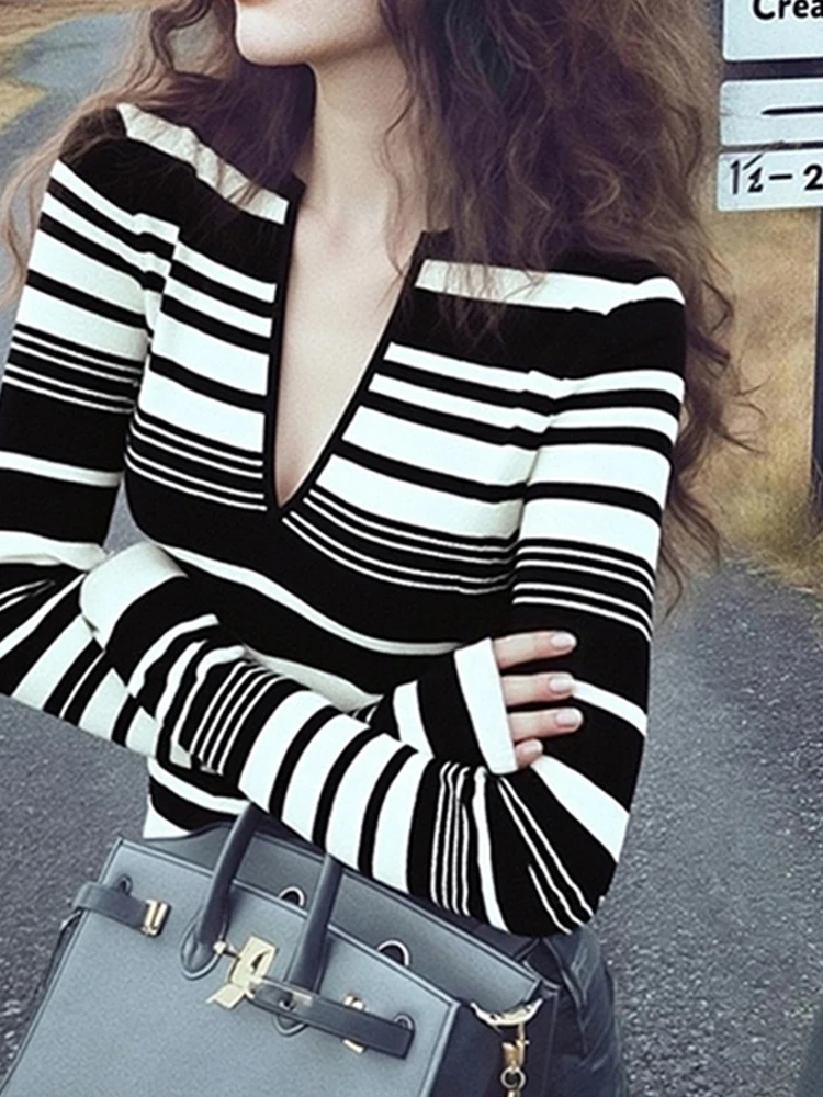 

Ретро американский вязаный длинный све V-Ne Slim Fit в полоску для женщин осень-зима новый Sle Sweet And Spicy Girl