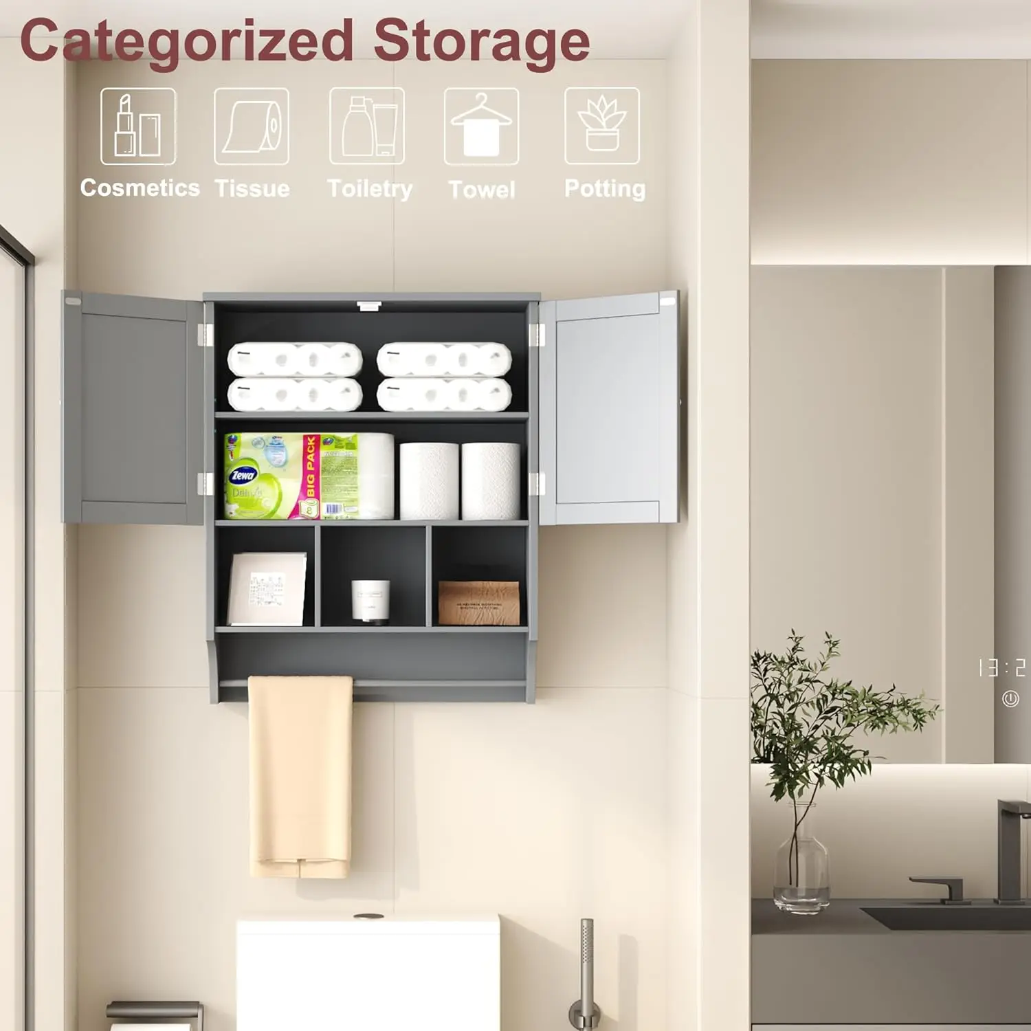 Bathroom Wall Cabinet Medicine Cabinets Over The Toilet Storage Cabinet with Towels Bar 2 Door Adjustable Shelves Large