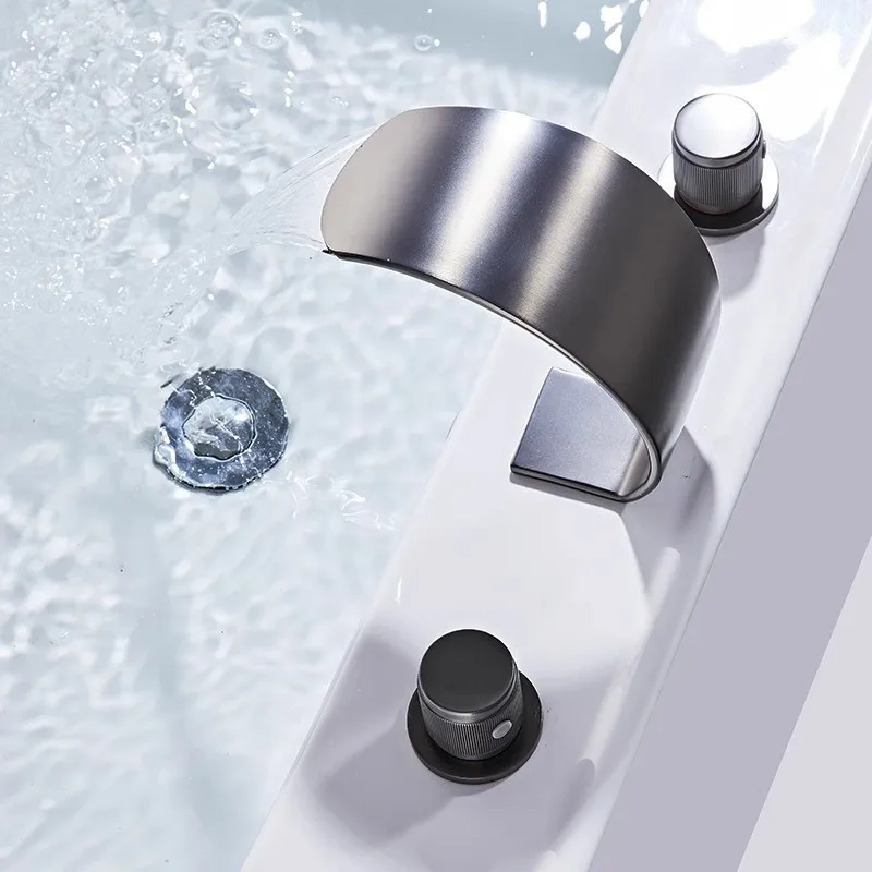Three Hole Waterfall Faucet Basin Bathroom Hot and Cold Split Type Vanity Faucet Deck Mounted Washbasin Mixer Taps