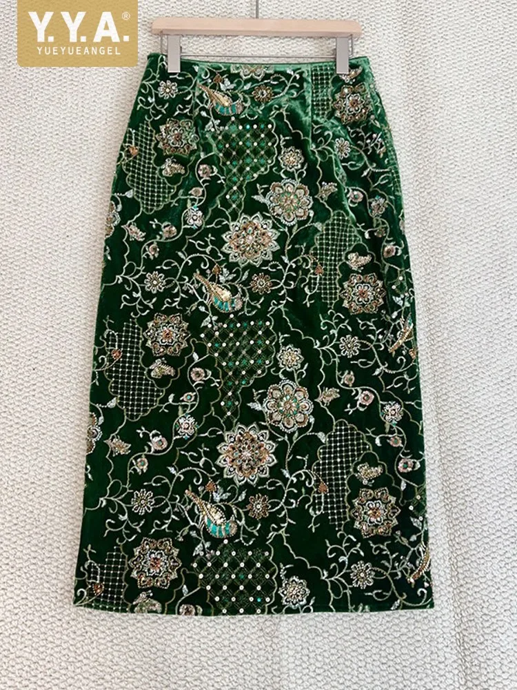 

Дизайнерская модная зимняя женская повседневная длинная юбка с бисером, вышивкой и пайетками, с завышенной талией, винтажная, элегантная, в пол