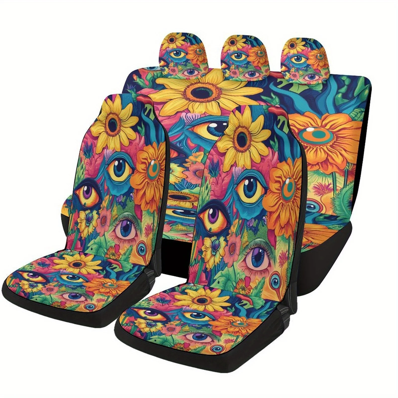 Floral Eyes Fantasy Themed Car Seat Cover Set For Most Cars, Fashion Personalized Novelty Car Seat Protector Covers Full Set, Un