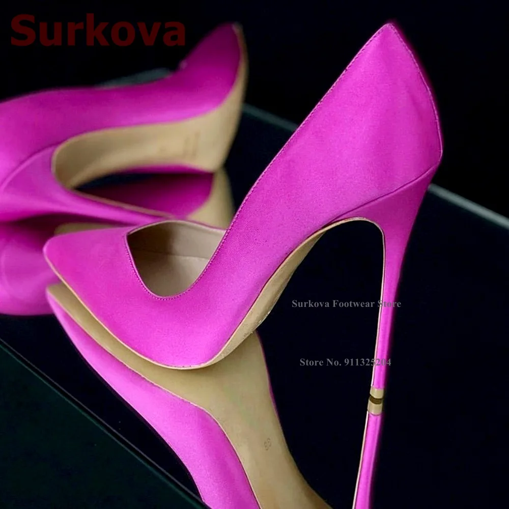 Surkova Pink Satin Cloth V-cut Shallow Pumps 12cm 10cm 8cm Thin High Heel Pointed Toe Dress Shoes Slip-on Wedding Heels Size45