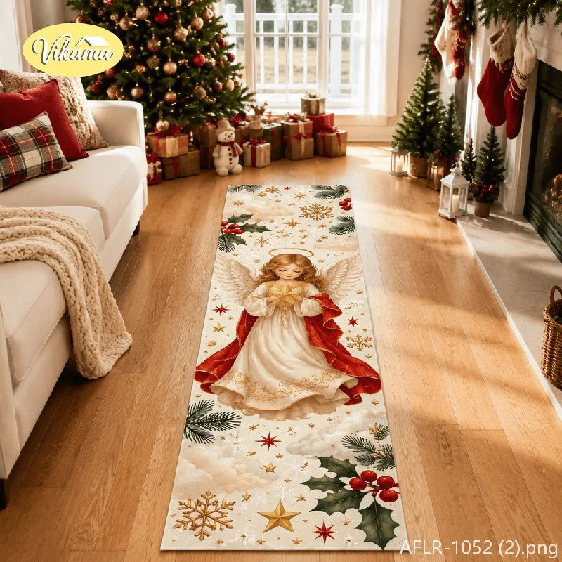VIKAMA Snowman & Bell Flannel Long Runner Rug, Non-Slip Washable Xmas Runner, Decor for Hallway Kitchen Entryway Corridor