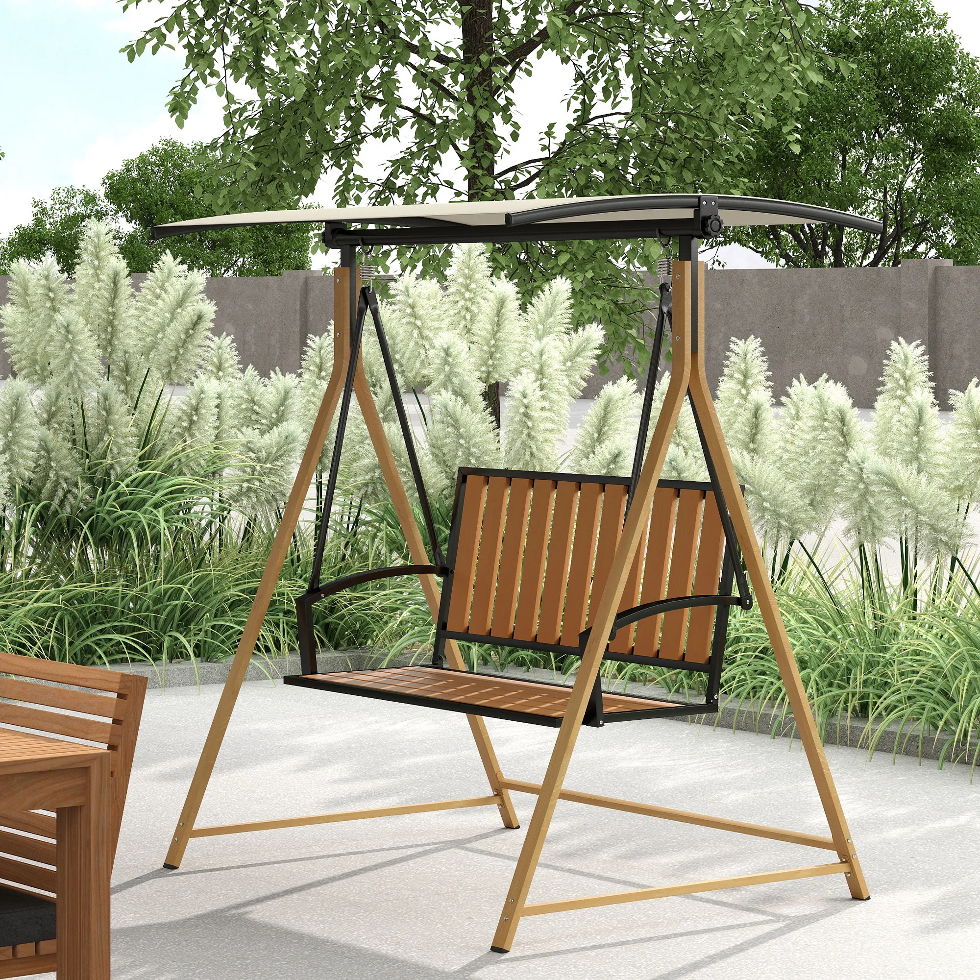 Altalena da giardino a 2 posti Outsunny con tendalino regolabile naturale e beige