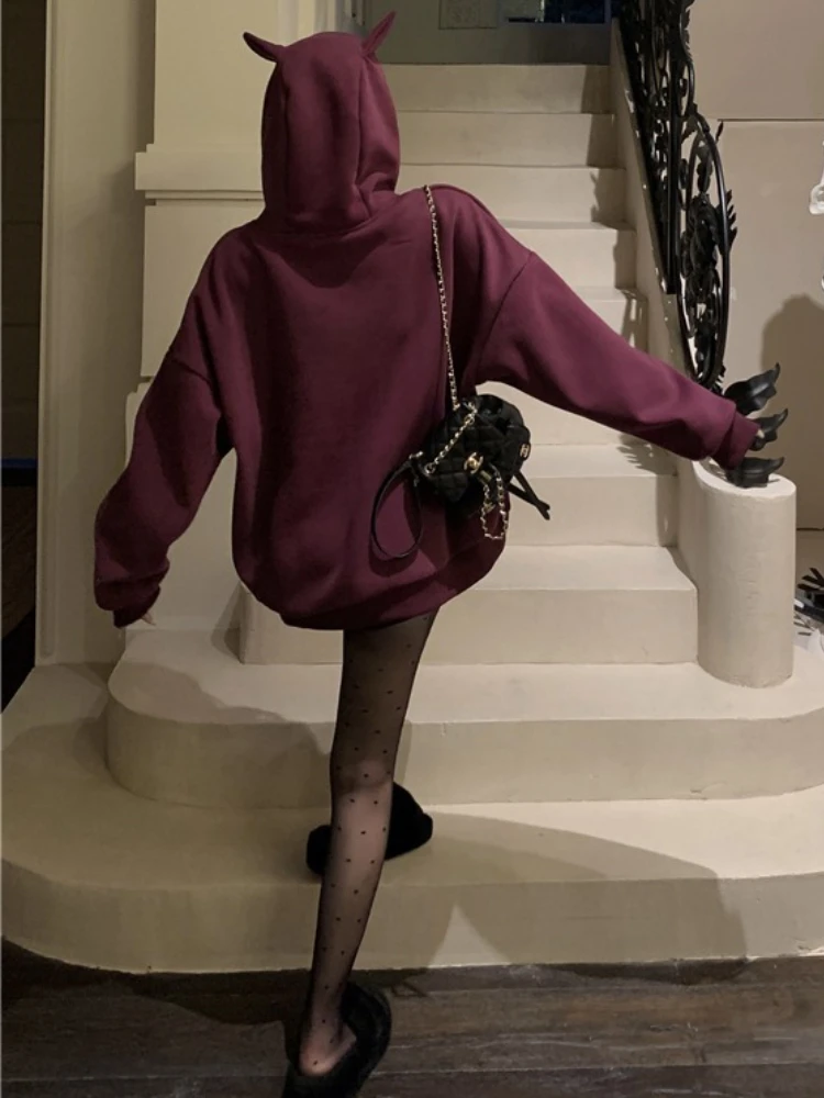 Y2K Aesthetic Devil Horn Hoodie Women Winter 2025 Oversized Purple Pullover Casual Loose Fit Kawaii Cat Ear Sweatshirt Jacket