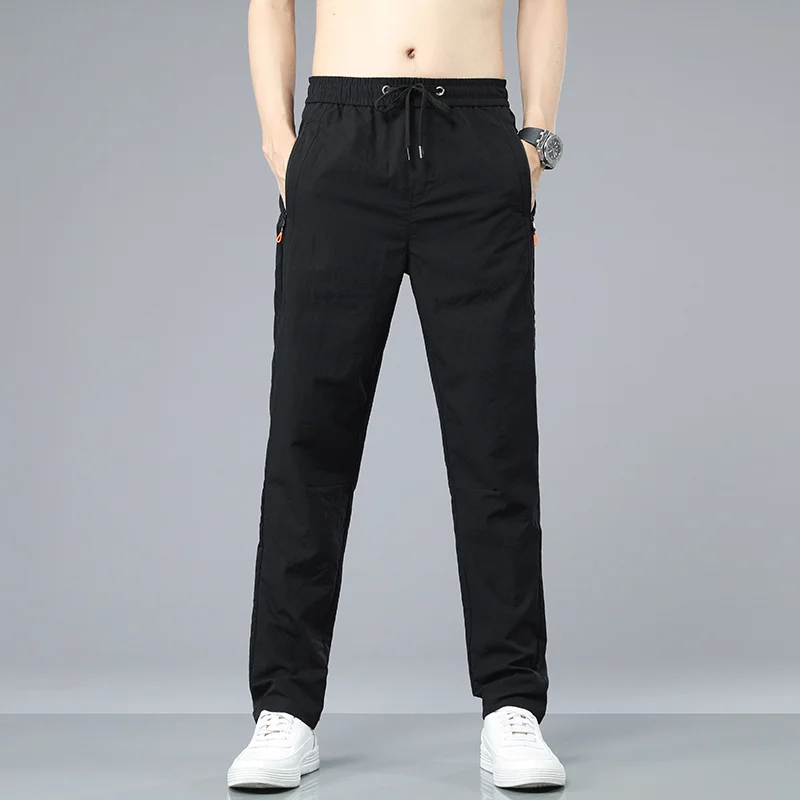 

2023 Summer New Men's Loose Straight Thin Casual Pants Korean Drawstring Ice Silk Breathable Zip Pocket Trousers Male