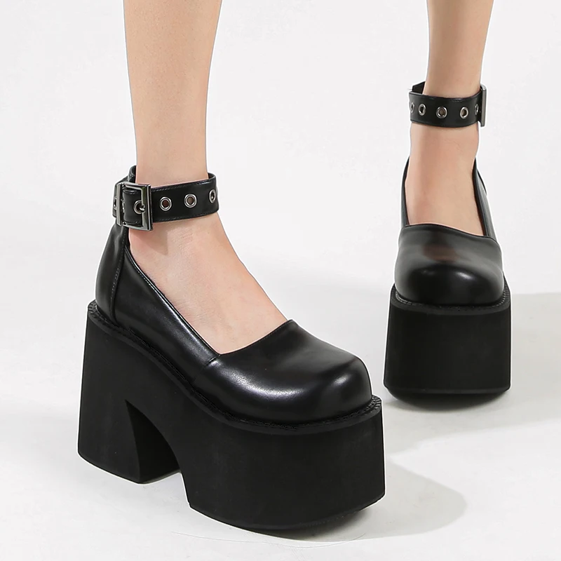 

Classic Female Loafers Shoes New Autumn Thick Heels Patent Leather Buckle Pumps Retro Girls Platform High-Heeled Shoes Women