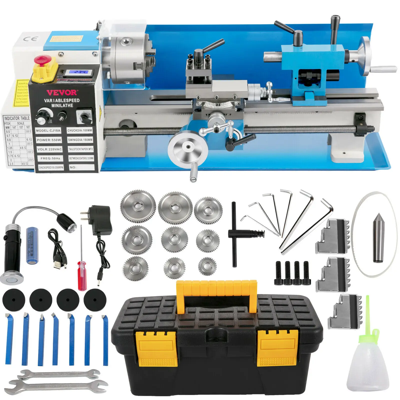SucceBuy Mini Metaaldraaibank Machine 7 "x 14" 550 W 180x350mm Variabele Snelheid + 3 Klauwplaat voor Metaalbewerking Draaien Boren Draadsnijden