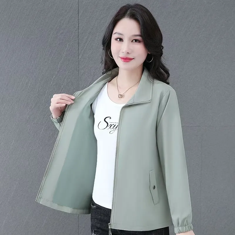 Women Simple Casual Windbreaker Jacket Lapel Zip Up Outerwear Windproof Fashion Coat For Young Middle Aged Mom