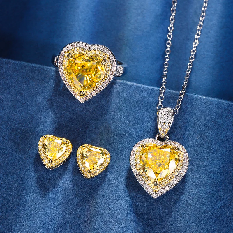 

Autumn Winter New Jewelry High Carbon Diamond Ice Flower Cut Yellow Diamond Copper Inlaid Heart Shape Set 10*10-6*6