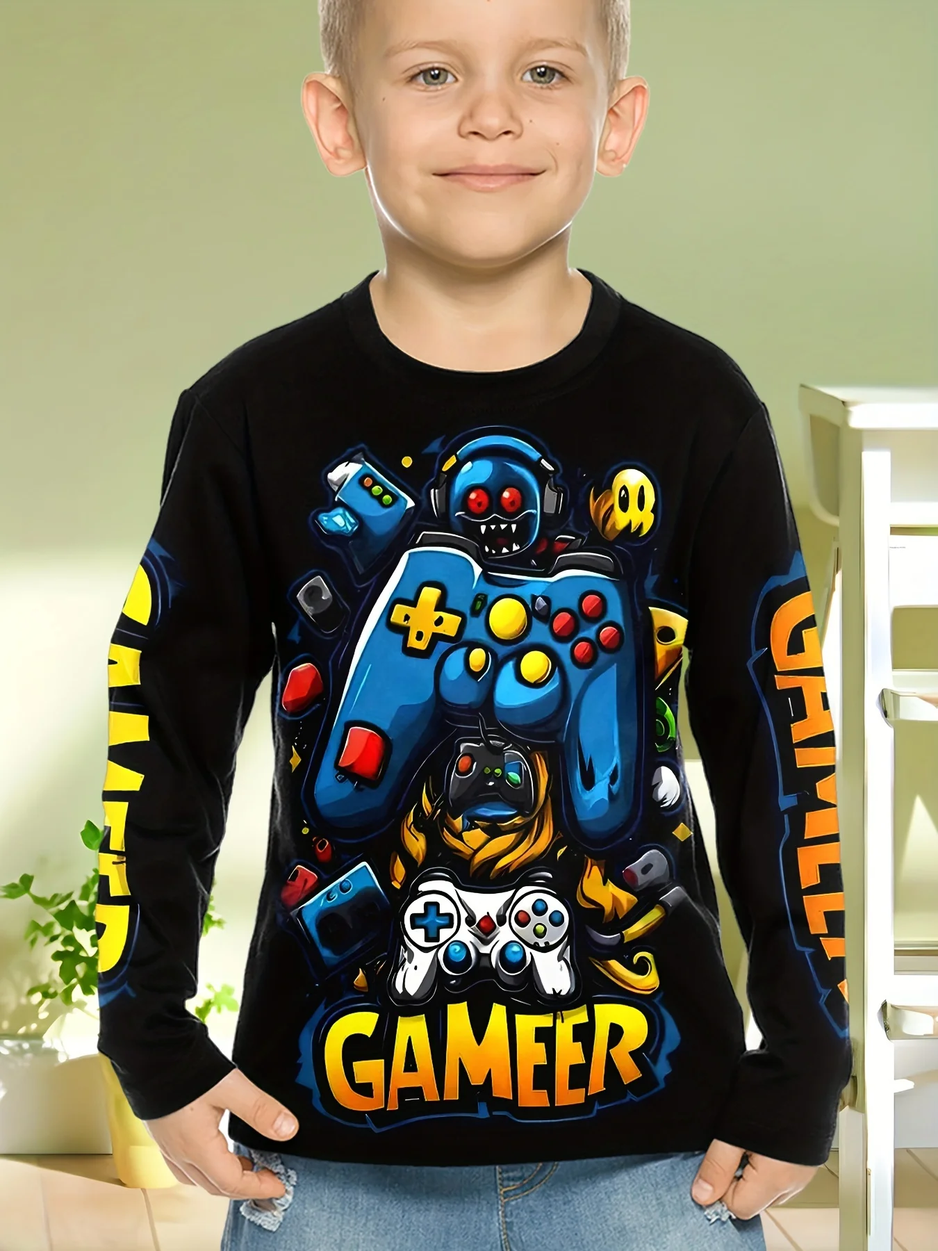 Kinderkleidung Jungen T-Shirt Langarm Cool Gamepad Muster Druck Kinder Frühling Herbst Kleidung Neuheit Jungenkleidung O-Ausschnitt Tops – Detail 3