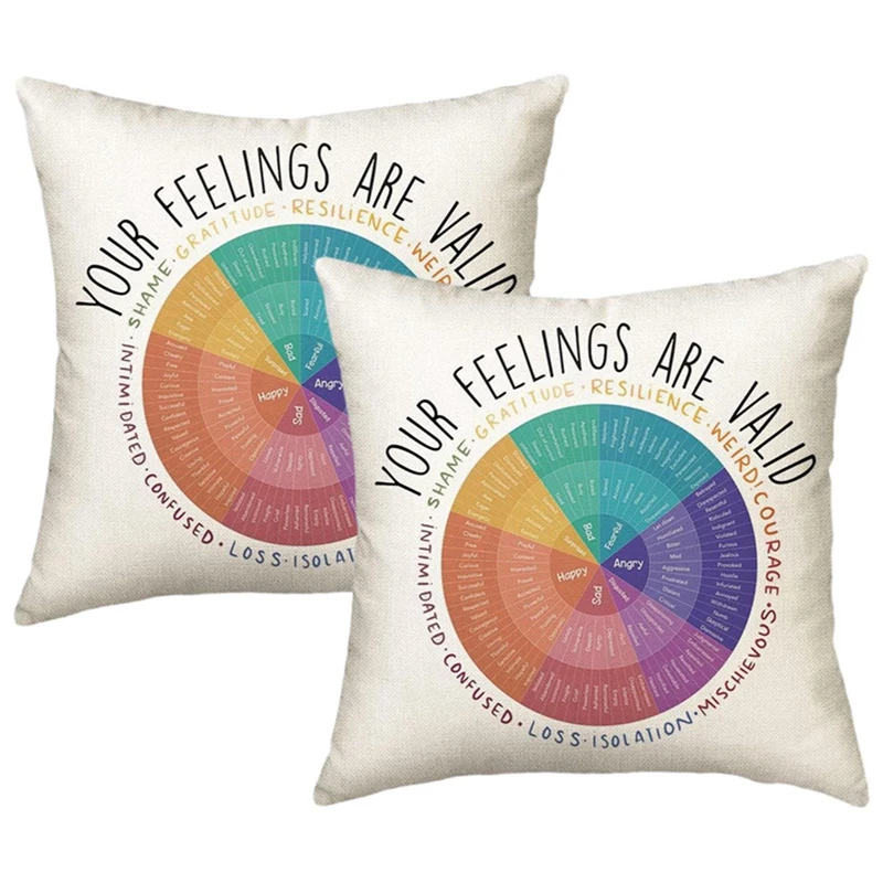 2PCS Emotional Intelligence with Wheel of Feelings Emotions Cushion Cover Living Room Bedroom Office Soft Throw Pillows