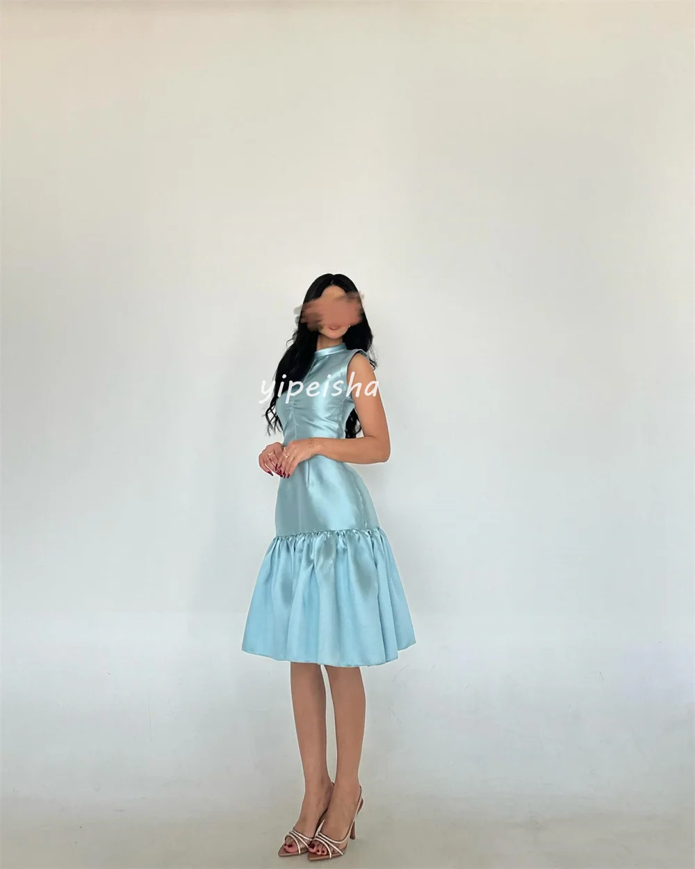 カスタマイズされたファッションサイズが利用可能 プリーツ シャーリング ドレープ Aライン ハイカラー 膝丈ドレス オーダーメイド オケージョンドレス フォーマル