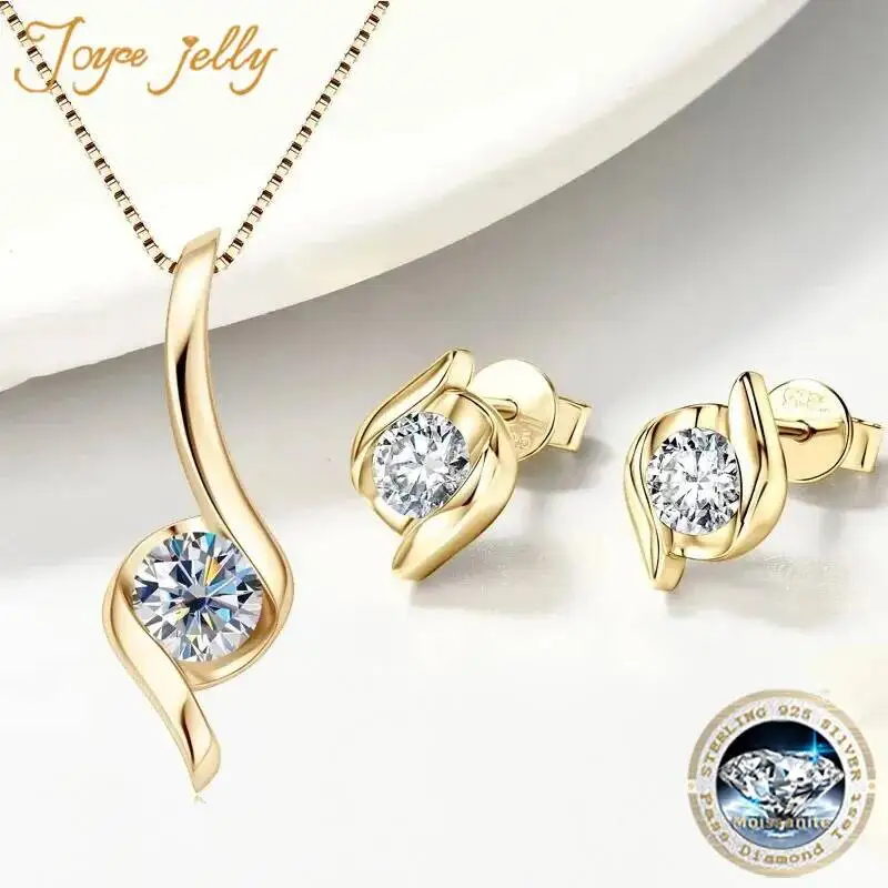 Gold Plated Silver 925 Real Moissanite Jewelry Set for Women 2.0ctw D Color Lab Diamond Stud Earrings Pendant Necklace Sets Gift