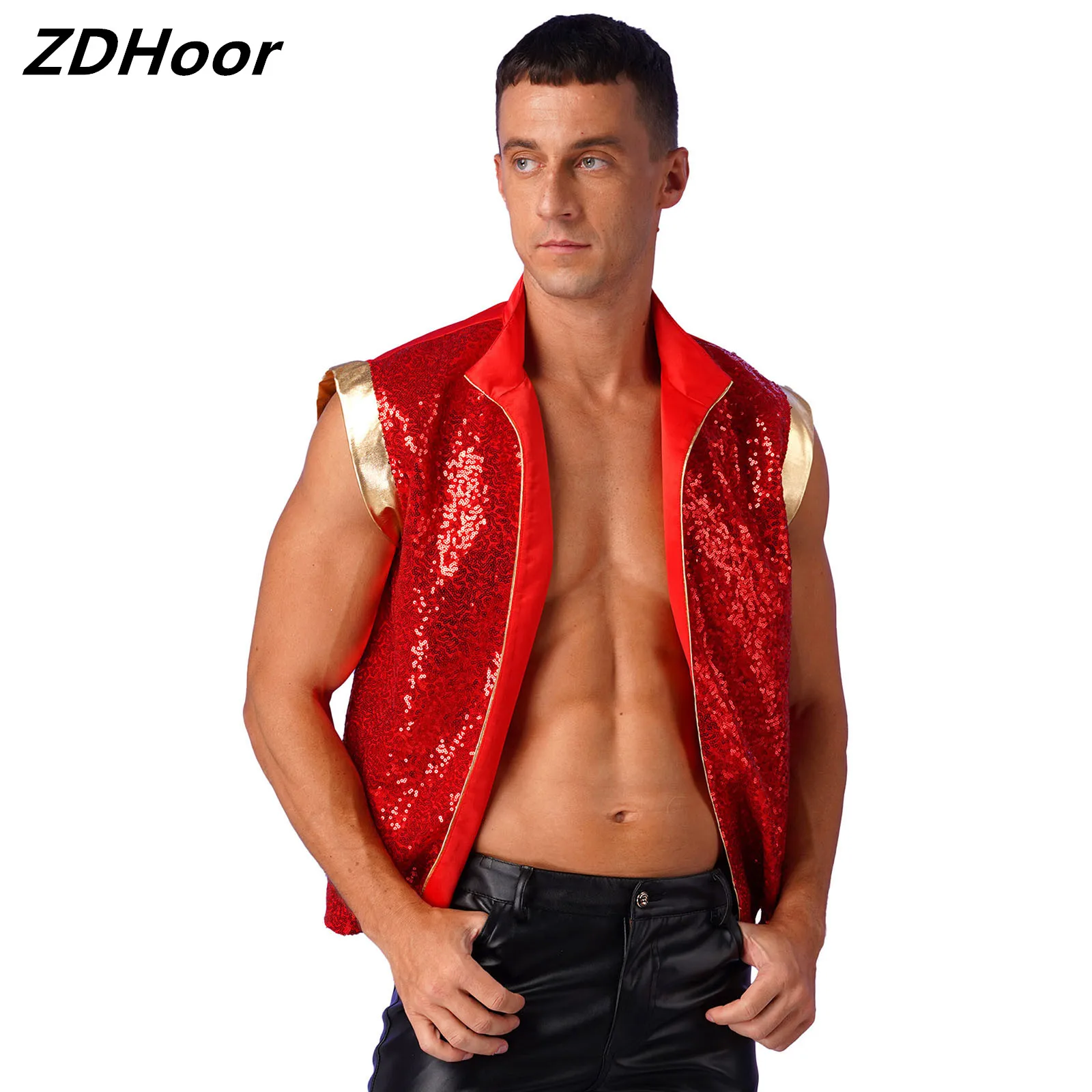 

Mens Halloween Arabian Prince Vest Sparkly Sequin Open Front Metallic Patchwork Waistcoat Indian Arabian Cosplay Costumes