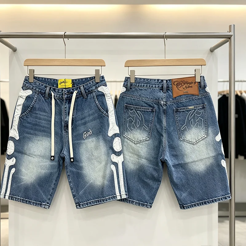 2026 Summer New GOD High Street SPEED Men Fashion Denim Shorts Bone Applique Embroidery Street Casual Wear