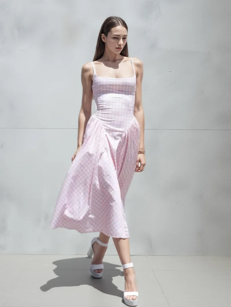 ชุดเดรสสายเดี่ยวผ้าลายสก็อตผูกเชือก ดีไซน์หรูหรา คอเหลี่ยม เอวต่ำ ทรงเอไลน์ ความยาวปานกลาง สำหรับฤดูร้อน งานปาร์ตี้วันหยุด รุ่น F374 ปี 2025