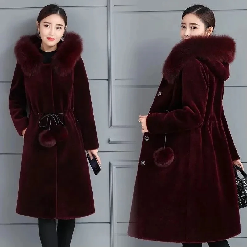 Women'S Mink Coat Mid-Length Mink Velvet Imitation Fur Hooded Jacket Women'S Slim Autumn Winter New Large Size Thicken Fur Coat