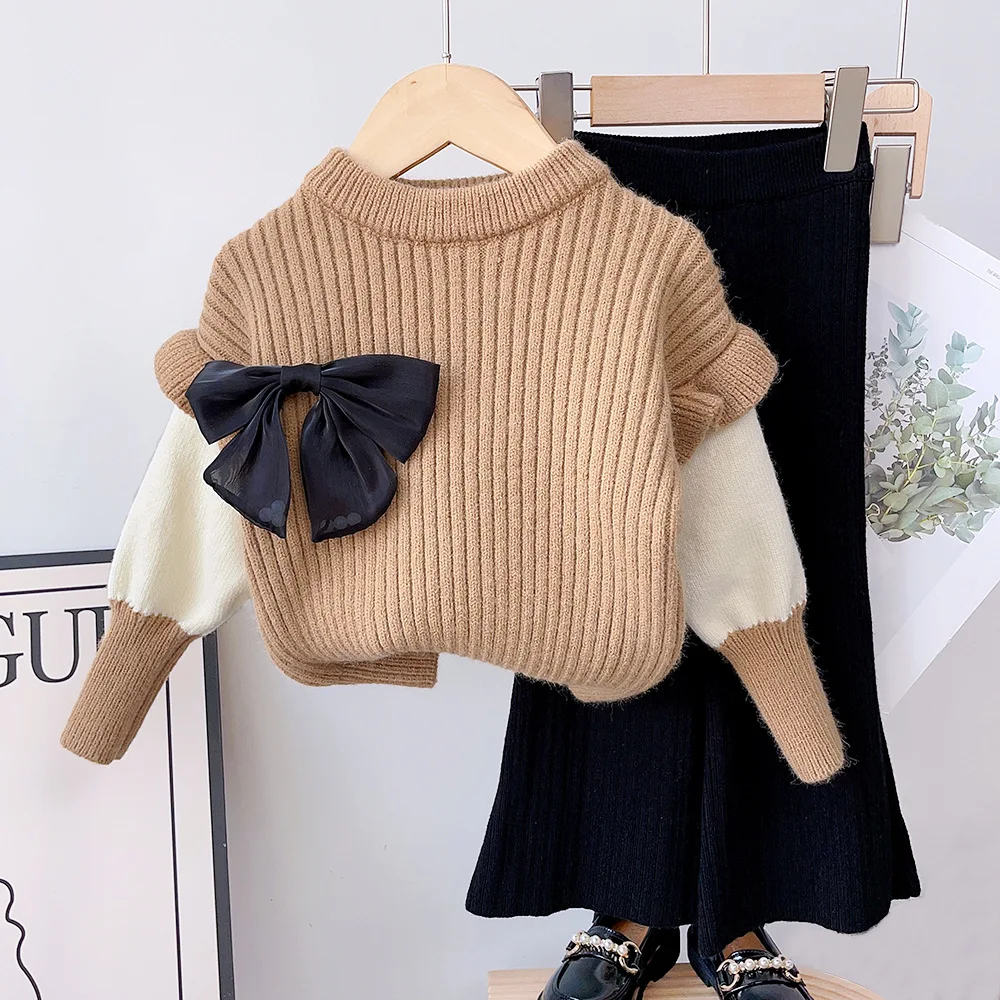 

2023 New Clothing Set Girls Long Sleeve O Neck Bow Black Flare Pants Cute 2 Pcs Sets Casual Girls Clothes Sets 5-9T