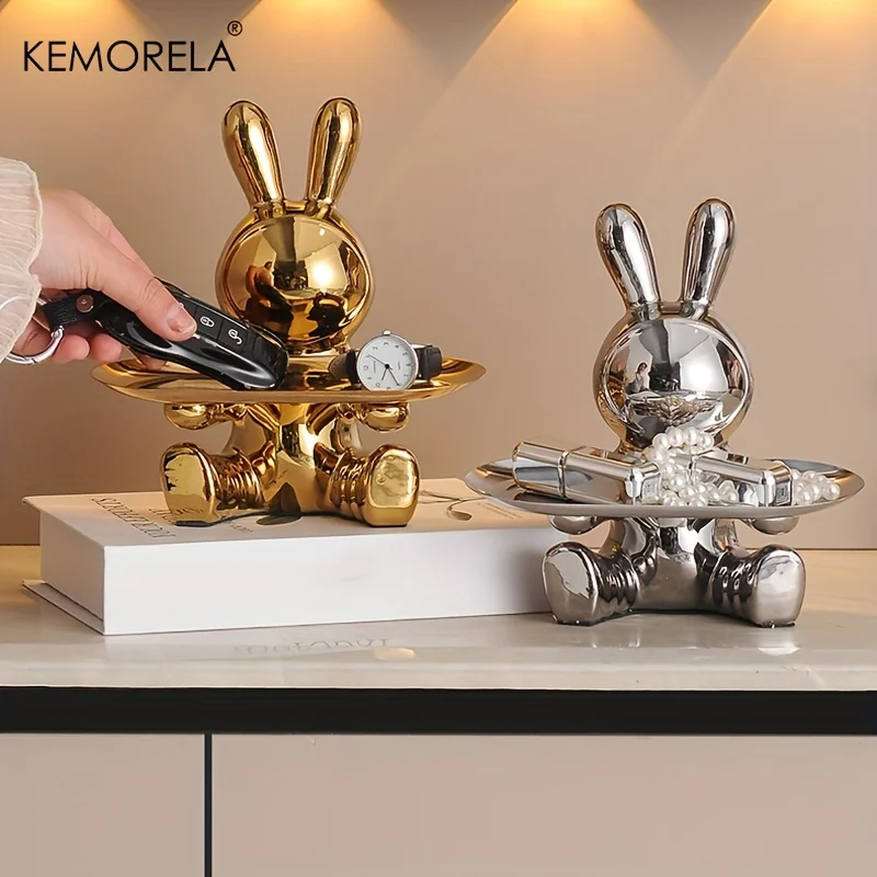 KEMORELA 1PC Golden Ceramic Long-Eared Sitting Rabbit Room Ornament Statue Pastoral Home Decoration High-End Home Art Aesthetics