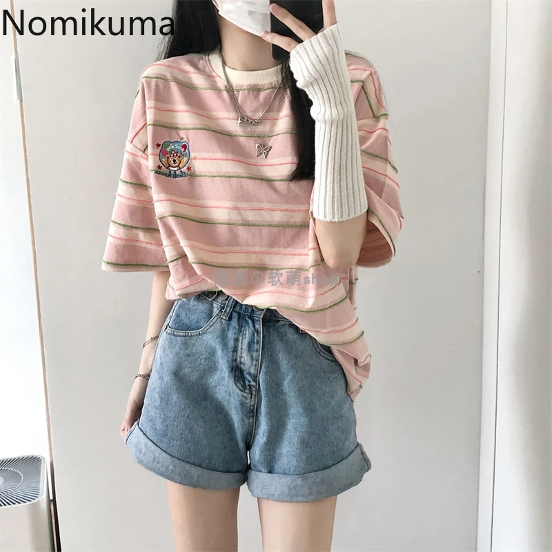 Cotton Y2k Tshirts for Women Bear Embroidery Short Sleeve O-neck Striped Tees Fashion Casual Summer T Shirts 2024 Ropa Mujer