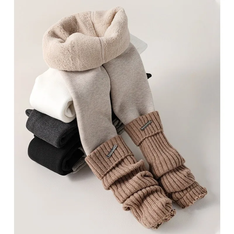Girls' Knitted Striped Leggings Winter Fleece-Lined Thick Pants with False Socks Design Color Block Tights for Children