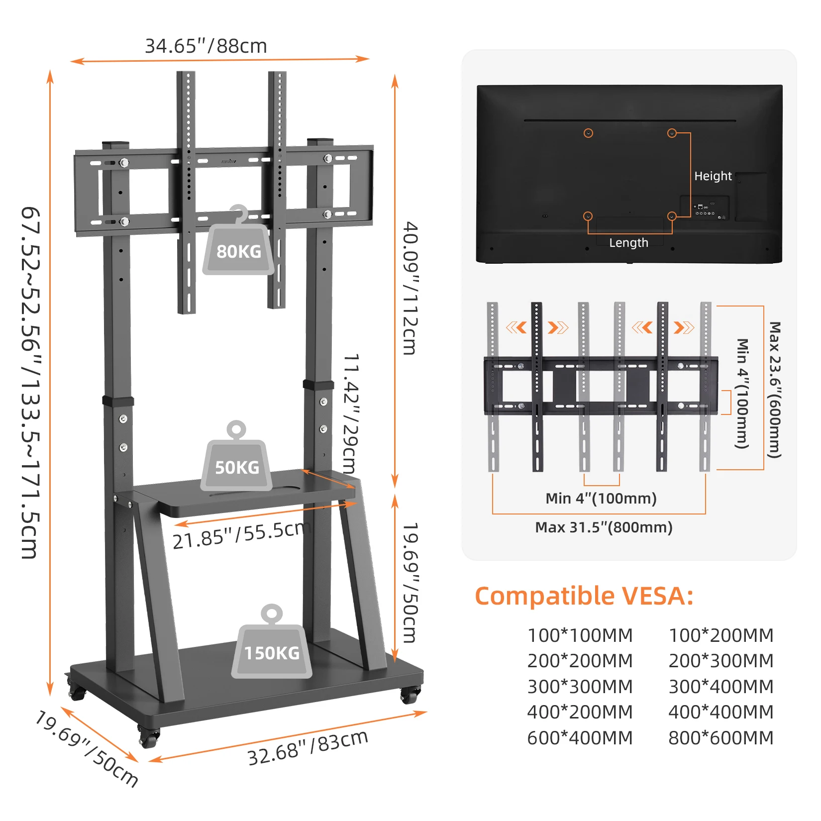 Soporte de TV móvil OEM U-990A, carrito de TV móvil para televisores de 32 a 100 pulgadas, soporte de TV de altura ajustable para uso en el hogar, sala de estar, dormitorio, oficina, hotel y sala de reuniones.