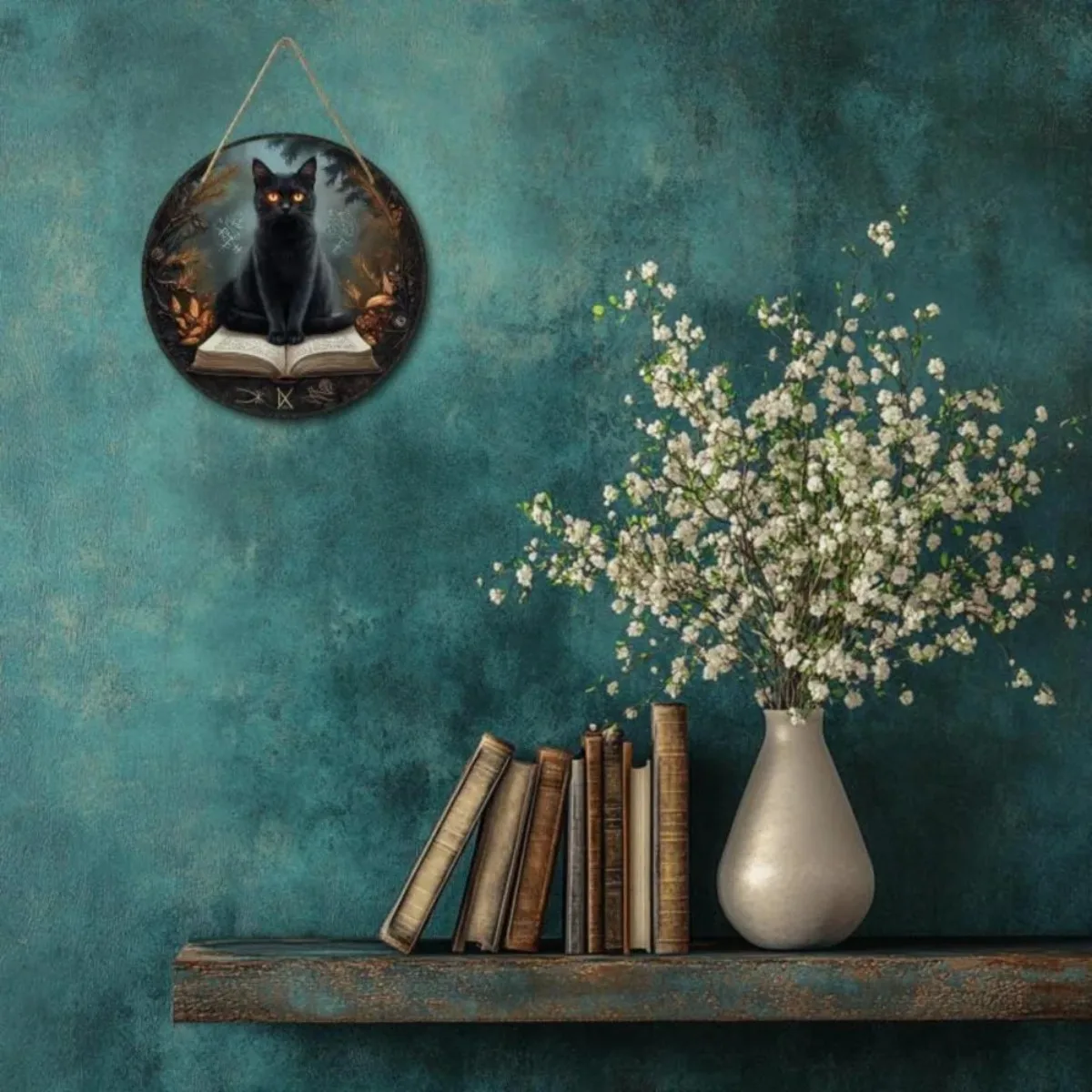 عنوان التجارة الإلكترونية: Universal Cat Round Wall Art - طباعة ثنائية الأبعاد لموضوع القطة السوداء، لا حاجة إلى طاقة، هدية العيد للمنزل