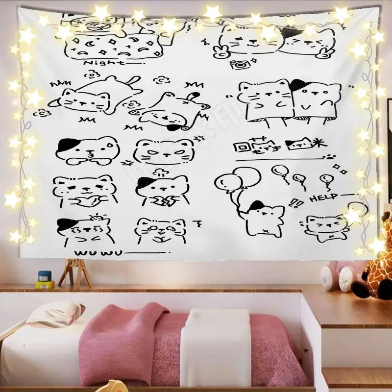 VIKAMA Cat Faces Sketch Doodle Art Horizontal Tapestry Wall Hanging for Home Aesthetic Cozy Chic Elegant Modern Home Decor