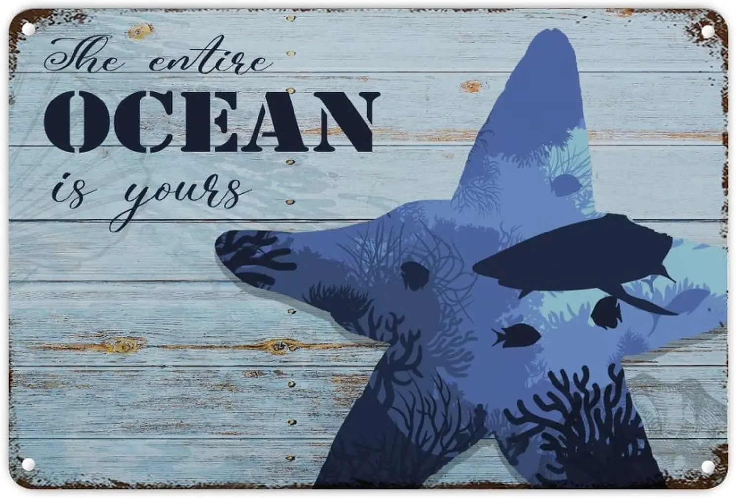 Sea Ocean Life Coastal Beach Tropical Theme Vintage Retro Tin Sign Plaques Wall Decor Home Sign Ocean Fish And Seaweed on Teal B