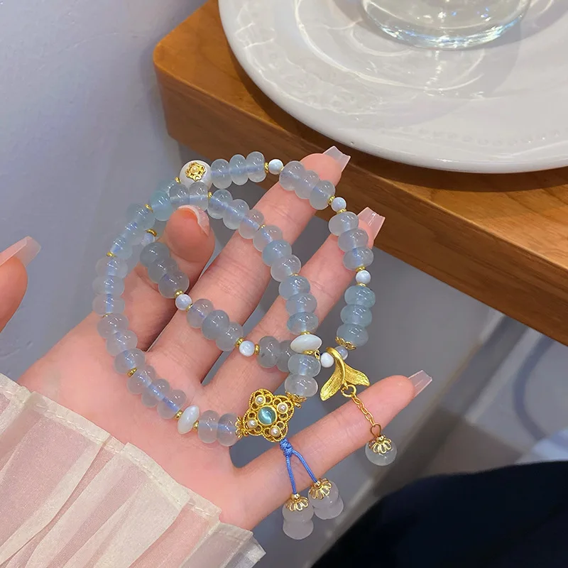 

Super Fairy New Chinese Sweet Fresh Mori Blue Chalcedony Minimalist Design Gentle Temperament Fishtail Bracelet