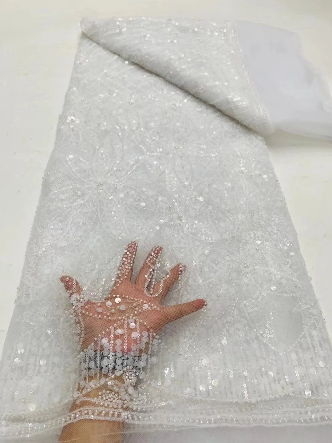 

African Lace Fabric 2025 French Beaded Lace Fabric Nigerian Sequins Embroidery Net Lace Fabrics For Bridal Party Dresses ND6223