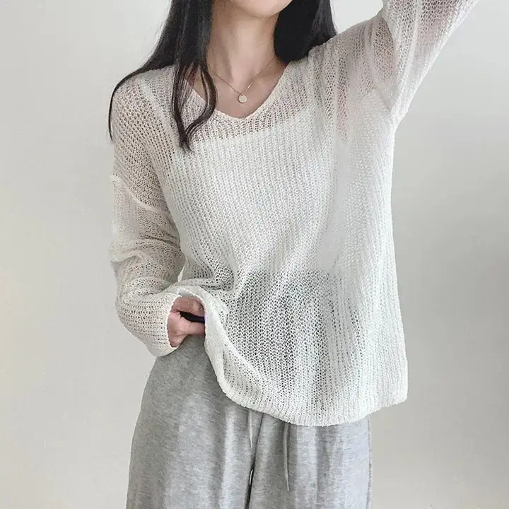 Semi Sheer Long Sleeve Knit Top Women V-neck Cover Up Pullover Open-Knit Sweater Spring Summer Fairycore Crochet Tops Outfit