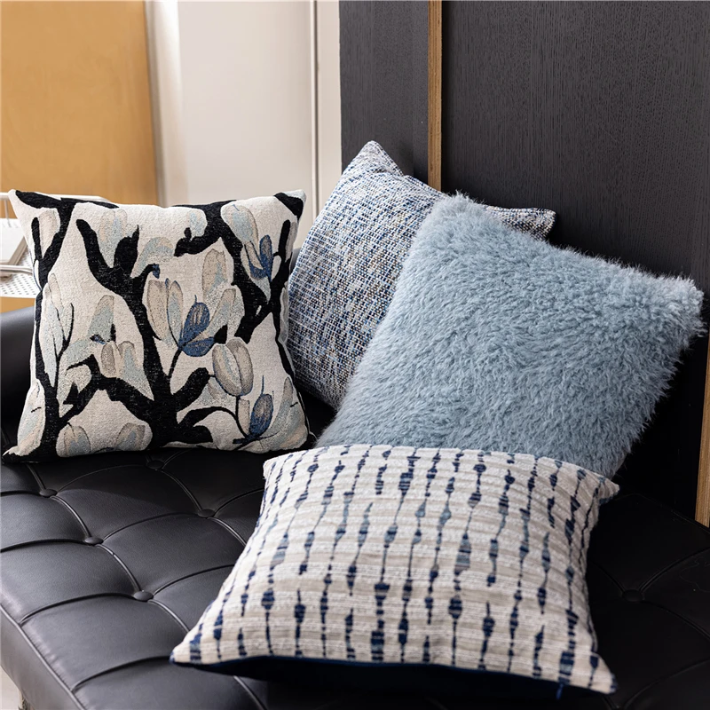 45X45CM French Blue Throw Pillow Cover Plush Abstract Stamping Waist Cushion Cover Decor Home Decorative Pillowcase