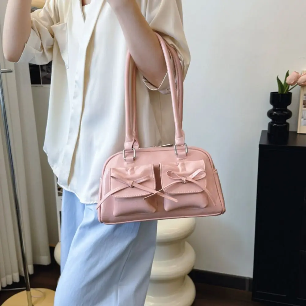 

Fashion French Style Bow Tie Bowling Bag Elegant Bowknot Boston Shoulder Bag Casual Large Capacity Women Handbags Armpit Bag