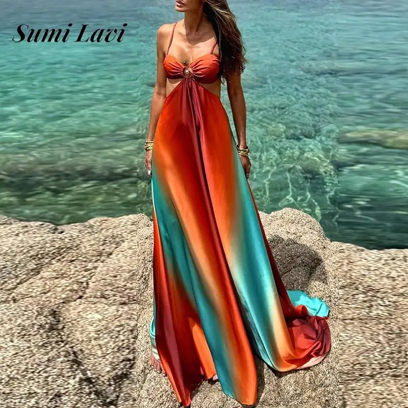 Elegant Halter Sleeveless Hollow Sling Dress Women Sexy Backless Lace-up Slim Beach Dress 2025 Fashion Gradient Print Long Dress