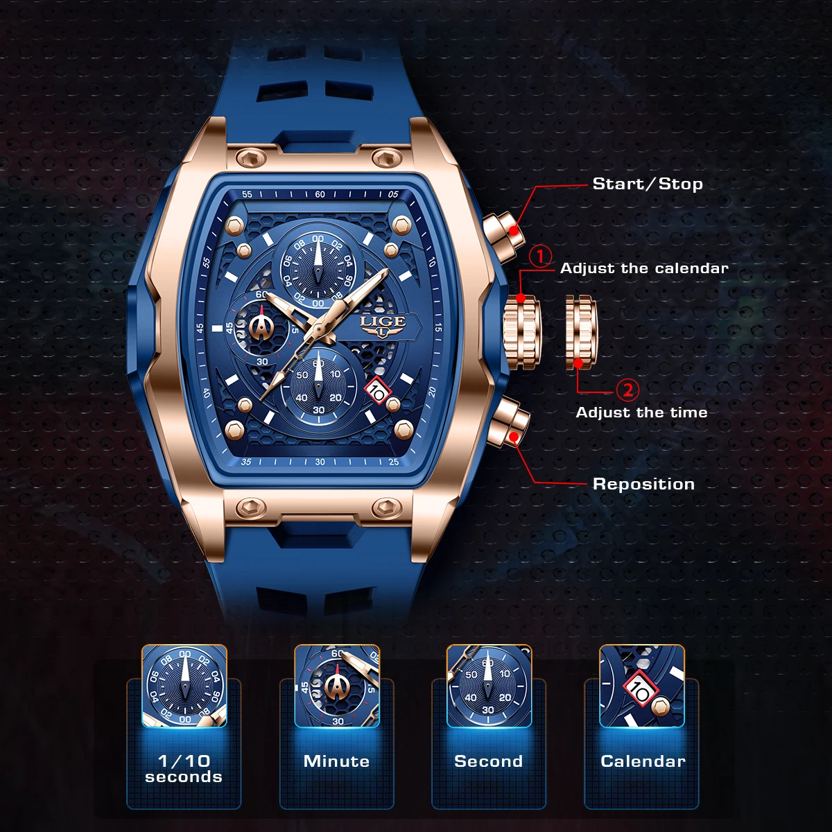 LIGE Square Fashion Luxury Quartz Man Watch Outdoor Casual Sports Silicone Strap Waterproof Luminous Hollow Wristwatches for Men